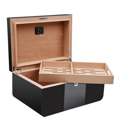Buy Personalized Black Custom Cigar Humidor Wood Cigar Packaging Box With Silk Screen Logo online manufacture