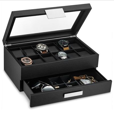 Buy 12 Slots Leather Watch Box with Multi-level Storage and Transparent Window for Dust-proof Watch Display online manufacture